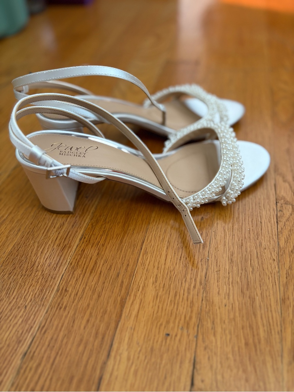 Badgley Mischka Ivory Pearl-Strap Block Heel Sandals